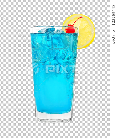 Blue Lagoon cocktail with lemon wheel garnish transparent PNG isolated background. Mixology, bar menu, colorful vibrant refreshing drink in highball glass 123669445