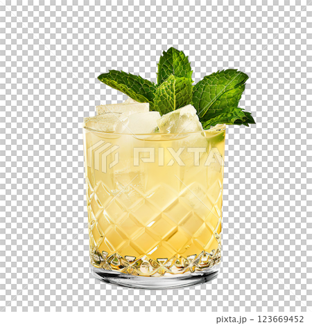 Fog Cutter cocktail with mint sprig garnish transparent PNG isolated background. Mixology, bar menu, colorful vibrant refreshing drink in old fashioned glass Fog Cutter cocktail with mint sprig garnish transparent PNG isolated background. Mixology, bar menu, colorful vibrant refreshing drink in old fashioned glass 123669452