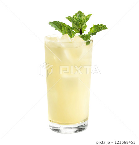 Fog Cutter cocktail with mint sprig garnish transparent PNG isolated background. Mixology, bar menu, colorful vibrant refreshing drink in highball glass 123669453