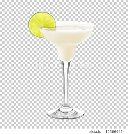 Frozen Margarita cocktail with lime wheel garnish transparent PNG isolated background. Mixology, bar menu, colorful vibrant refreshing drink in margarita glass 123669454