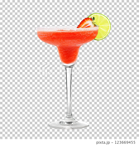 Frozen strawberry Margarita cocktail with lime wheel garnish transparent PNG isolated background. Mixology, bar menu, colorful vibrant refreshing drink in margarita glass 123669455