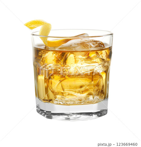 Rusty Nail cocktail with lemon twist garnish transparent PNG isolated background. Mixology, bar menu, colorful vibrant refreshing drink in rocks glass 123669460