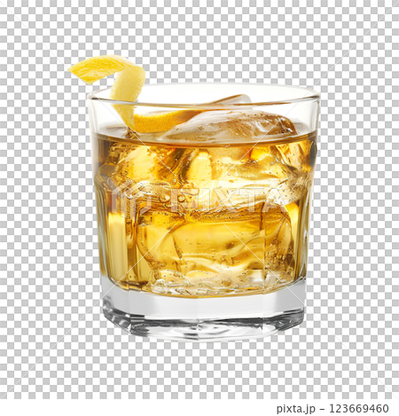 Rusty Nail cocktail with lemon twist garnish transparent PNG isolated background. Mixology, bar menu, colorful vibrant refreshing drink in rocks glass Rusty Nail cocktail with lemon twist garnish transparent PNG isolated background. Mixology, bar menu, colorful vibrant refreshing drink in rocks glass 123669460