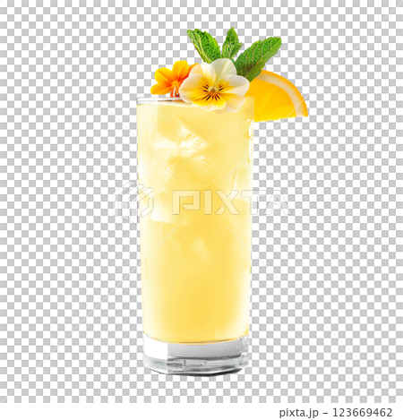 Scorpion cocktail exotic flower garnish transparent PNG isolated background. Mixology, bar menu, colorful vibrant refreshing drink in highball glass 123669462