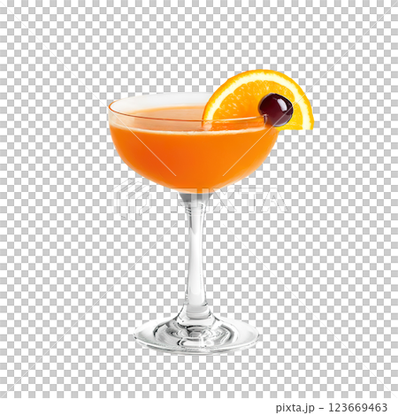 Ward Eight 8 cocktail with orange slice garnish transparent PNG isolated background. Mixology, bar menu, colorful vibrant refreshing drink in coupe saucer glass Ward Eight 8 cocktail with orange slice garnish transparent PNG isolated background. Mixology, bar menu, colorful vibrant refreshing drink in coupe saucer glass 123669463