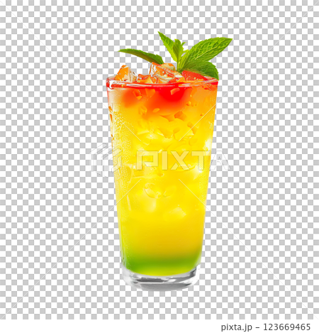 Yellow Zombie Punch cocktail transparent PNG isolated background. Mixology, bar menu, colorful vibrant refreshing drink in tumbler glass 123669465