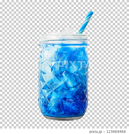Blue Zombie Punch cocktail transparent PNG isolated background. Mixology, bar menu, colorful vibrant refreshing drink in glass jar 123669468