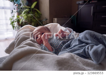 Newborn Baby Resting in Cozy Home Environment 123669553
