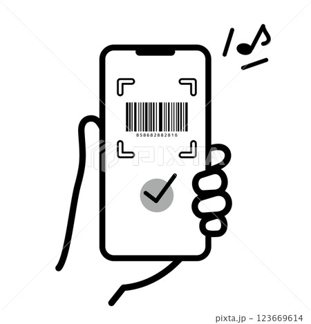 スマートフォンで電子決済するイラスト　音符付き 123669614