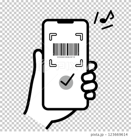 スマートフォンで電子決済するイラスト　音符付き 123669614