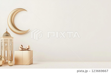 Eid al-Fitr celebration postcard with golden lantern, crescent moon, and gift decor, background, copy space Eid al-Fitr celebration postcard with golden lantern, crescent moon, and gift decor, background, copy space 123669667
