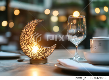 Ramadan dining table decor with crescent lantern and glasses, background Ramadan dining table decor with crescent lantern and glasses, background 123669889