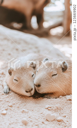 Capybara couple hugging, showcasing animal bonding, St Valentines Day postcard with hearts symbols 123669902