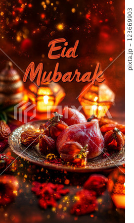 Eid Mubarak greeting card with lanterns and dates on colorful background in ruby red tones Eid Mubarak greeting card with lanterns and dates on colorful background in ruby red tones 123669903