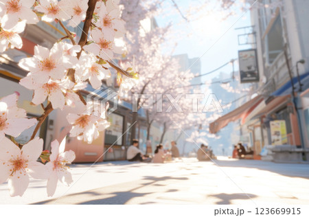 Cherry blossoms in full bloom with people in blurred background, spring season Cherry blossoms in full bloom with people in blurred background, spring season 123669915