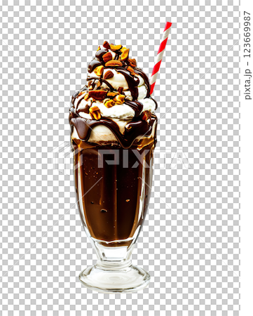 Chocolate milkshake with peanuts transparent PNG, isolated background cutout. Cocoa drizzle garnish, served in a glass 123669987
