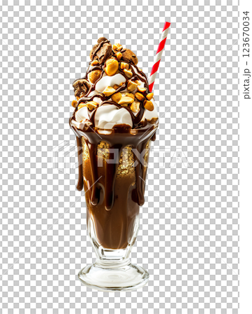 Chocolate Cocoa Spread milkshake transparent PNG, isolated background. Whipped cream topping garnish, served in glass, striped straw, shake bar menu dessert 123670034