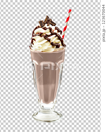 Chocolate milkshake transparent PNG, isolated background. Whipped cream topping garnish, served in glass, striped straw, shake bar menu dessert 123670044