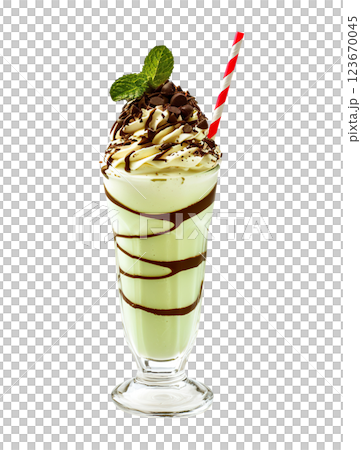 Mint Chocolate Chip milkshake transparent PNG, isolated background. Whipped cream topping garnish, served in glass, striped straw, shake bar menu dessert 123670045