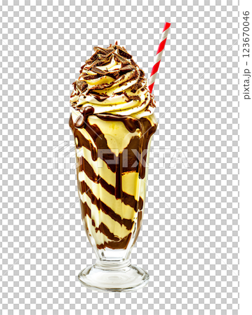 Banana Chocolate Drizzle milkshake transparent PNG, isolated background. Whipped cream topping garnish, served in glass, striped straw, shake bar menu dessert 123670046