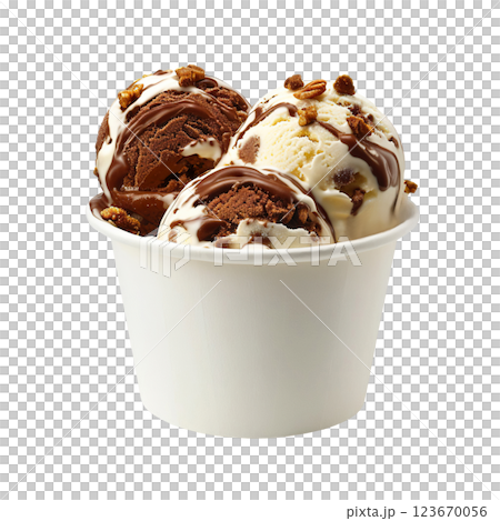 Vanilla And Chocolate Marble Swirl ice cream transparent PNG, isolated background. White paper cup mockup, parlour shop menu dessert, vibrant colorful classic flavour 123670056