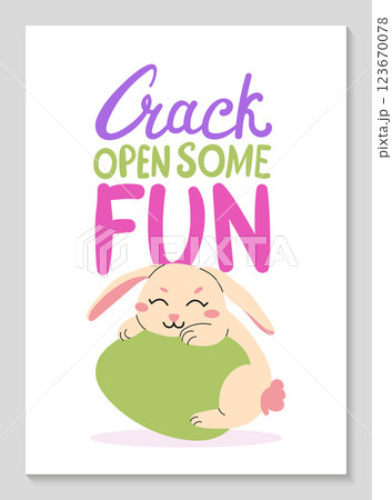 Happy Easter postcard with bunny and colors egg. Joyful holiday lettering crack open some fun. for greeting cards, flyers, advertisements, and social media. Vector illustration in bright pastel tones Happy Easter postcard with bunny and colors egg. Joyful holiday lettering crack open some fun. for greeting cards, flyers, advertisements, and social media. Vector illustration in bright pastel tones 123670078