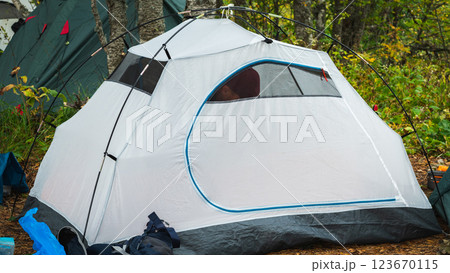 Close-up of the inside of a white tent that stands in a forest campsite. You can see a person inside through the mosquito net. Tent camping in a mountain hike Close-up of the inside of a white tent that stands in a forest campsite. You can see a person inside through the mosquito net. Tent camping in a mountain hike 123670115