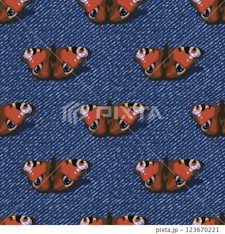 Seamless denim pattern with peacock butterfly with spread wings. Elements are arranged alternately. Top view. Boho style. Grunge textured background. Seamless denim pattern with peacock butterfly with spread wings. Elements are arranged alternately. Top view. Boho style. Grunge textured background. 123670221