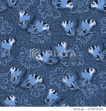 Seamless abstract denim pattern with flying peacock butterfly, flowers. Random composition. Grunge boho style. Dotted textured background. 123670222