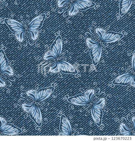Seamless denim pattern with flying butterflies with spread wings, curled antennae. Random composition. Boho style. Dotted textured background. Seamless denim pattern with flying butterflies with spread wings, curled antennae. Random composition. Boho style. Dotted textured background. 123670223