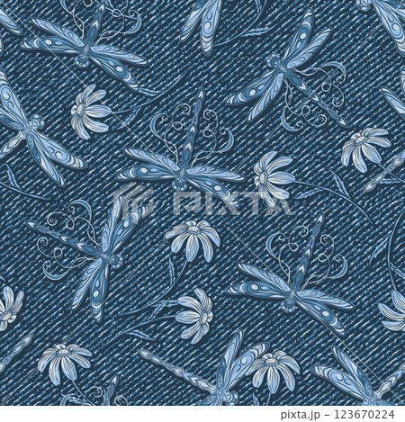 Seamless denim pattern with flying dragonflies with spread wings, curled antennae, scattered chamomile flowers with stem. Random composition. Boho style. Dotted textured background. 123670224