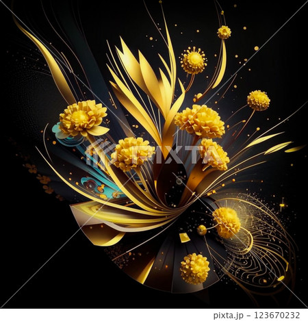 A bouquet of beautiful flowers on a black background. A beautifully decorated bouquet of festive flowers. AI generated. Hand edited. 123670232