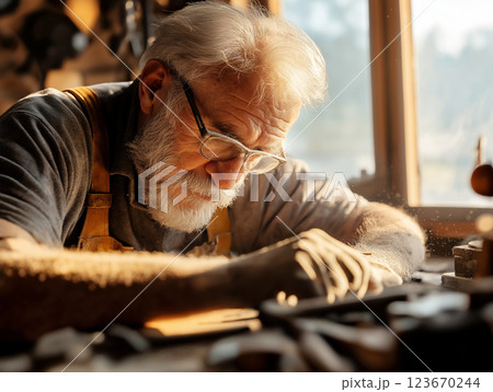 Elderly craftsman with white beard and glasses working intently 123670244