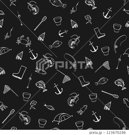 Fishing doodle seamless pattern which depicts an anchor fish crab squid hook worm landing net paddle on a black background Fishing doodle seamless pattern which depicts an anchor fish crab squid hook worm landing net paddle on a black background 123670286