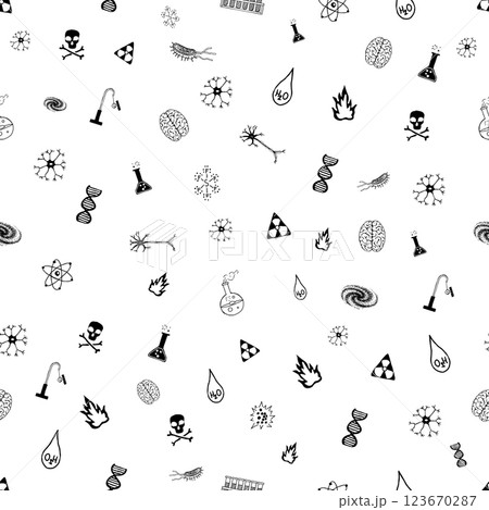 Seamless doodle pattern of science elements background with atom chemical molecule graphics test tubes microscope on white background Seamless doodle pattern of science elements background with atom chemical molecule graphics test tubes microscope on white background 123670287