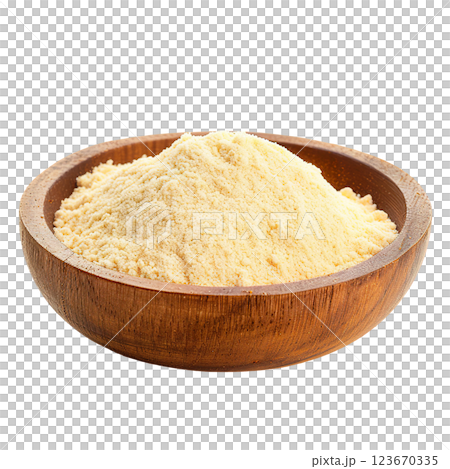 Garlic spice in wooden bowl PNG, transparent isolated background. Ground spices, vibrant vivid colorful cooking seasoning ingredient, food flavour 123670335