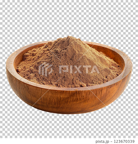 Nutmeg spice in wooden bowl PNG, transparent isolated background. Ground spices, vibrant vivid colorful cooking seasoning ingredient, food flavour 123670339