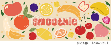 Illustration of a smoothie with various berries and fruits. 123670401