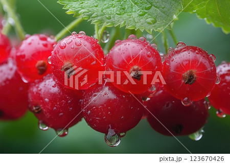 Close-up of a redcurrant sprig showcasing textured skin, hairs, dimples, and vibrant color 123670426