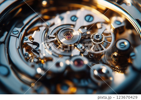 Intricate watch mechanism showcasing delicate gears and springs in perfect synchronization Intricate watch mechanism showcasing delicate gears and springs in perfect synchronization 123670429
