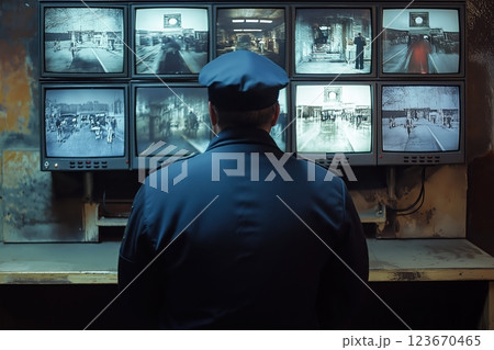 Security guard focused on surveillance monitor, displaying live camera feeds with vigilance 123670465