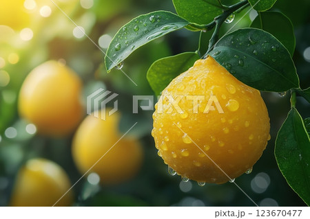 Golden yuzu fruit hanging from branch, sunlight glowing on textured, dewy skin 123670477