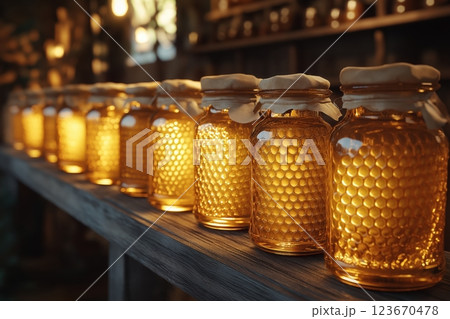 Row of jars with honeycomb, golden honey glowing on rustic wooden shelf 123670478