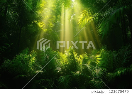 Sunlight filtering through green canopy, vibrant ferns and palm leaves in serene forest 123670479