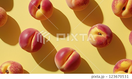Peach fruit pattern on yellow background, top view, package design element 123670531