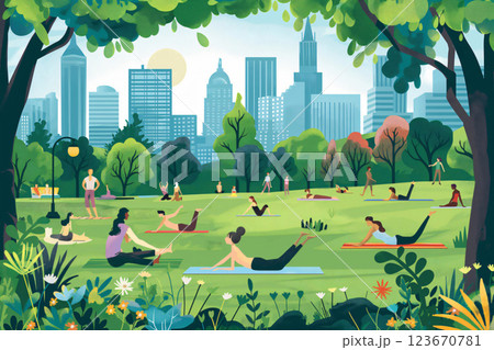 Illustration of an urban park with diverse people enjoying outdoor activities against a backdrop of skyscrapers and lush greenery Illustration of an urban park with diverse people enjoying outdoor activities against a backdrop of skyscrapers and lush greenery 123670781