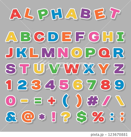 Vector flat alphabet with symbols and letters with bright multi-colored Vector flat alphabet with symbols and letters with bright multi-colored 123670881