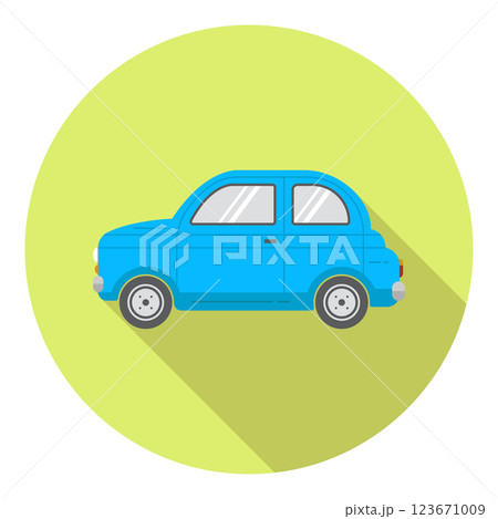 Flet vector icon round with car in blue color and long shadow, flat vector illustration. Flet vector icon round with car in blue color and long shadow, flat vector illustration. 123671009
