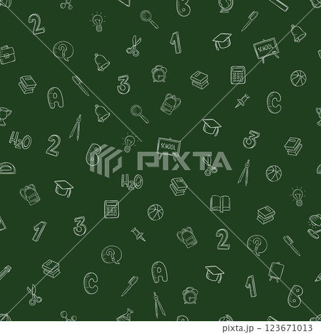 Seamless pattern on school green chalkboard in doodle style school icons numbers, light bulb, bell, alarm clock, briefcase, pen, allergy. 123671013