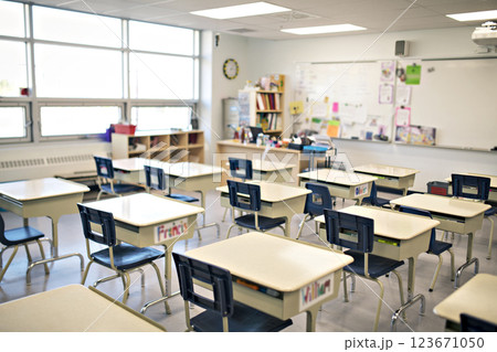 classroom of a daycare center without children and teacher 123671050